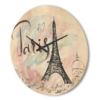 Designart 'Pariz Eiffelov toranj sa ilustracijom II' Moderni drveni zidni sat