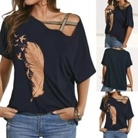 T majice za žene Trendi tiskani vrhovi na ramenu izdubljene bluze pamučne ženske majice