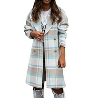 Softmallow jakne za žene, dame modni kontrast karirani Dugi rukav džepno dugme vuneni dugi Sako zimski