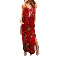 Ljetne haljine za žene štampane Maxi a-Line kratki rukav Casual Scoop vrat haljina crvena s