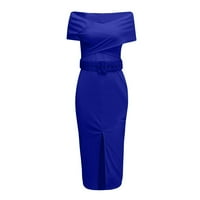 Ljetne haljine za žene kratki rukav čvrstog temperamenta dužine gležnja omotač za zabavu s ramena plava