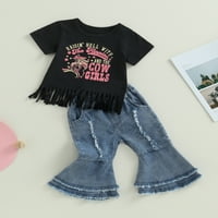Calsunbaby Little Girl Ljetna odjeća Pisma za ispis majica + traper flare hlače postavljene 1- godine