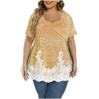Charella ženska majica plus veličina kontrastna boja čipka V-izrez Labavi kratki rukav ljuljački bluza