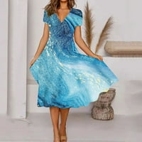 Clearsance Ljetne haljine za žene kratki rukav A-linijski duljina koljena V-izrez cvjetna haljina plave