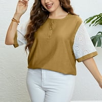 Plus Size pamučni laneni vrhovi za ženske ljetne čipkaste heklane kratke rukave bluze casual jednobojne